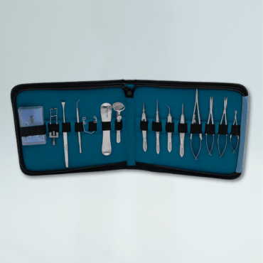 KIT DE INSTRUMENTAL PARA OFTALMOLOGIA VETERINARIA 15 PIEZAS ACABADO PLATA | BLACK | BLUE